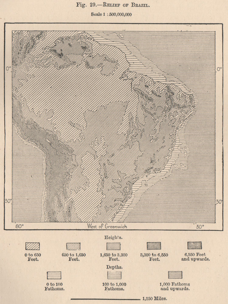 Relief of Brazil 1885 old antique vintage map plan chart